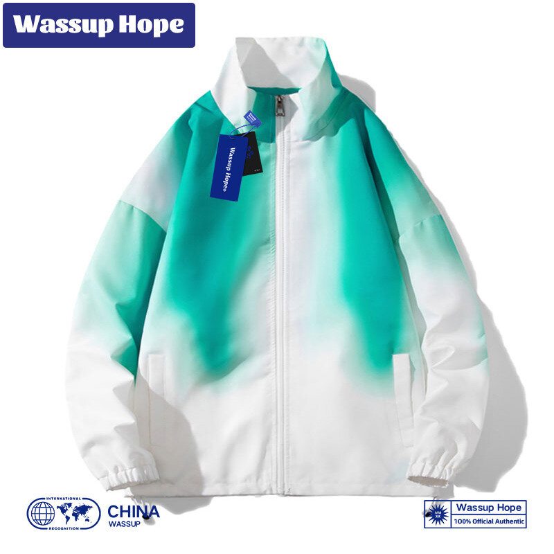 Wassup Hope giacca da uomo, colletto alla coreana primaverile e autunnale, semplice blocco del colore sfumato, giacca sottile con cerniera per le coppie