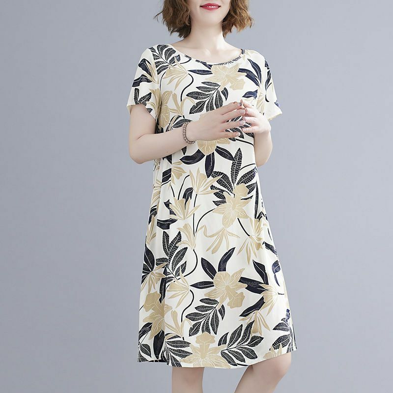 Женское платье с коротким рукавом, универсальное офисное платье свободного покроя с круглым вырезом и цветочным принтом, лето 2024