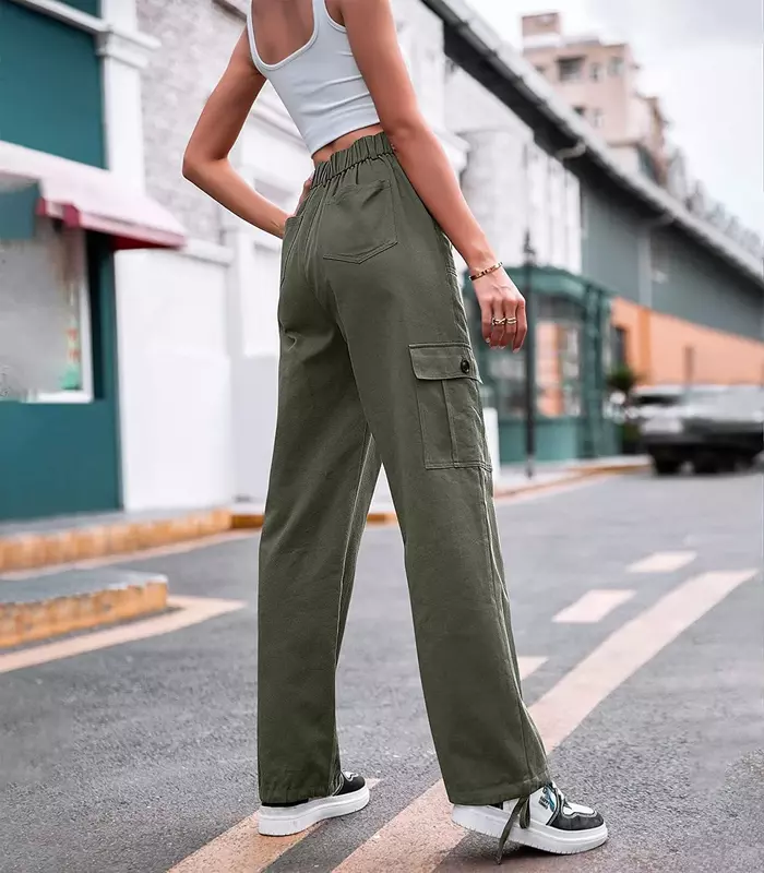 Celana kasual trendi perempuan, warna Solid modis, overall kaki lebar pinggang tinggi musim panas serbaguna