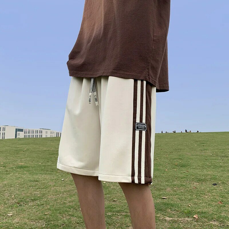 Calção casual listrada lateral masculina, calça com cordão de cintura alta, streetwear coreano, vintage, solto, moda de rua, verão, 2024