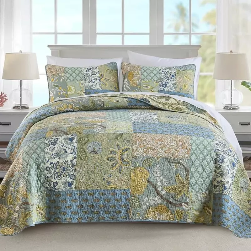 Bedspread quilt set, cotton upholstery, real stitch embroidery, machine washable, bohemian floral pattern, duvet cover set