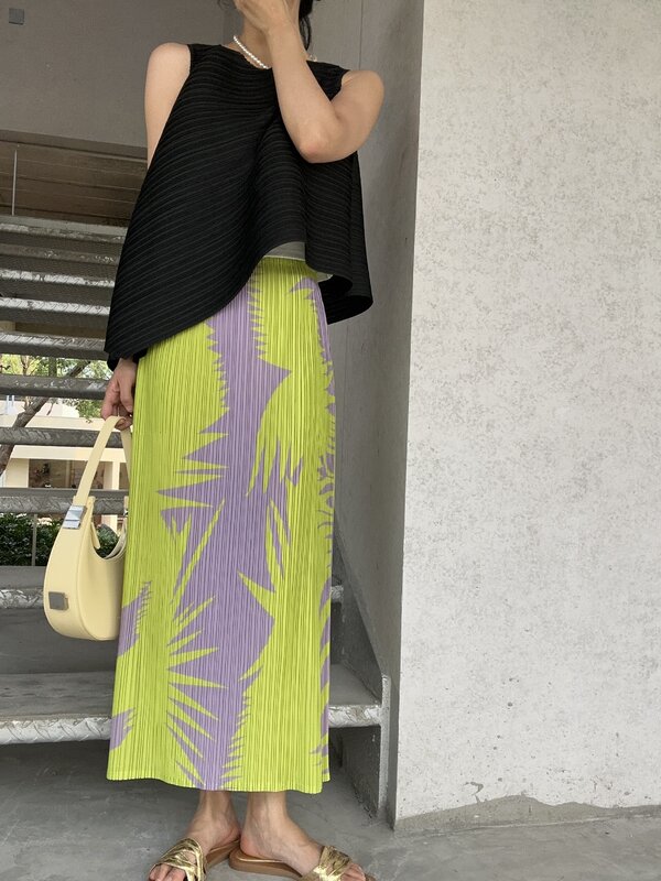 Miyake-Falda recta con pliegues, Falda MIDI con colgante de cintura elástica, reducción de edad, estampado, primavera y verano, nueva