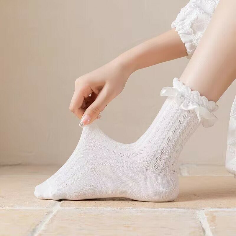 Woman Socks Solid Black White Lolita Lacework Ruffle Socks Summer Thin Japanese Style Kawaii Sweet Girls Cute Short Socks Women