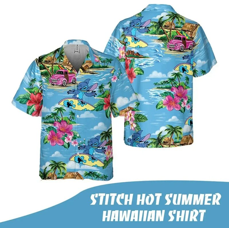 Гавайские рубашки Stitch, летние модные рубашки с коротким рукавом для мужчин и женщин, повседневные пляжные рубашки, Гавайские рубашки Disney