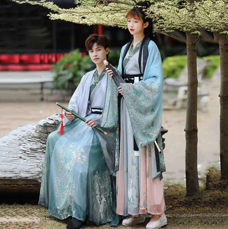 Hanfu Couples Chinese Ancient Vintage Hanfu Shoot Adult Carnival Cosplay Costume Green&Gray 3 Pcs Hanfu Outfit For Men&amp