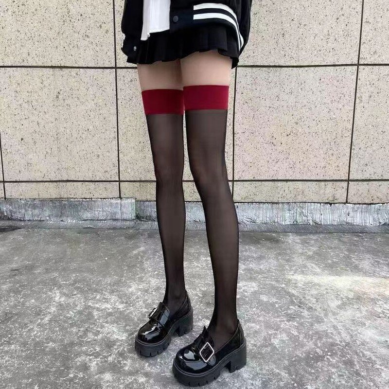 JK costumi donna Sexy coscia alta calze a rete Lolita ragazze Punk gotico trasparente sopra il ginocchio rosso bordo largo calzini lunghi alti