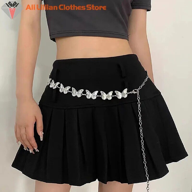Kupu-kupu rantai pinggang logam wanita Y2K Retro serbaguna warna perak rantai pinggang gaun rok pendek rantai Gotik Aksesori mode