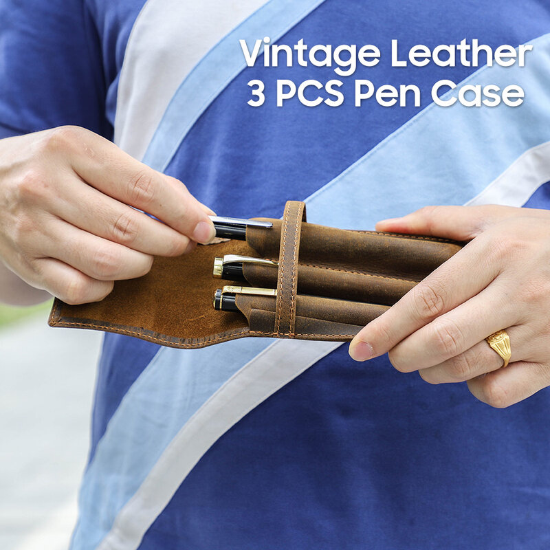 Handmade Genuine Leather Pen Case, Pen Holder, Organizador de Luxo, Pen Pouch, Armazenamento Escolar, Bolsa de Escritório, Estudante Adulto, 1 Slots, 2 Slots, 3 Slots