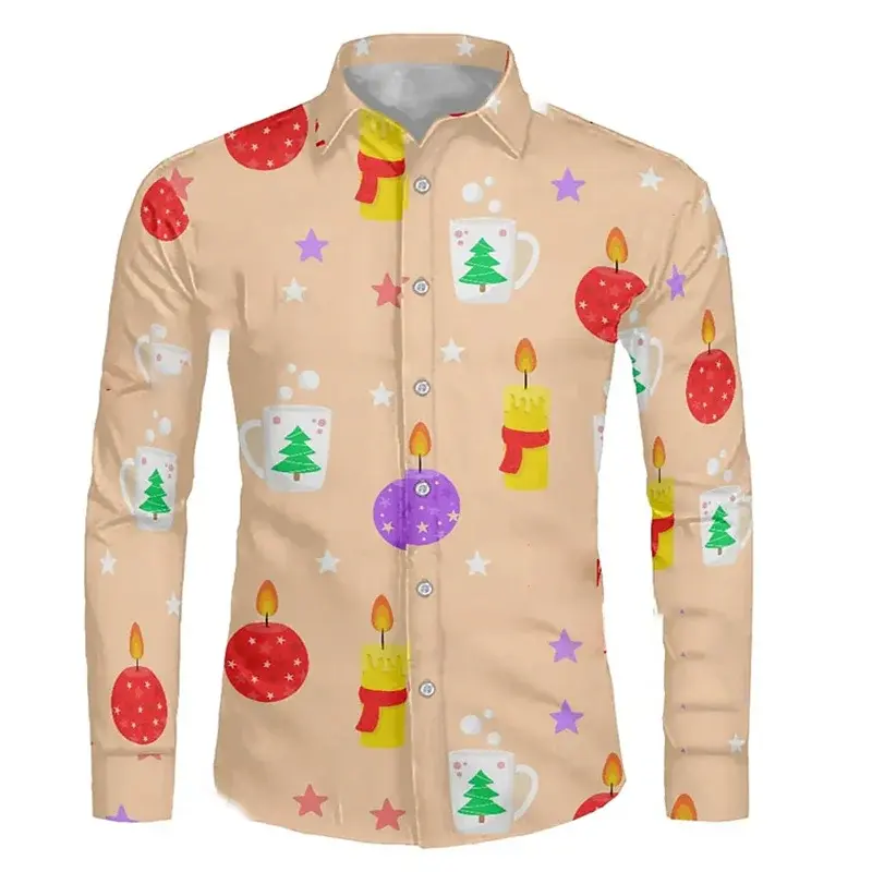 2024 Christmas Snowman High Quality Fashion Men's Shirt Button Designer Print Long Sleeve Tops Men's Lapel Men's Tops Plus Size