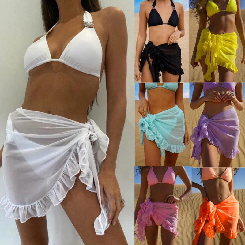 50x140CM European and American Chiffon Blouse Beach Dresses Mesh Mini Ruffle Skirts Women Cover Up Tassel Dress Solid Color