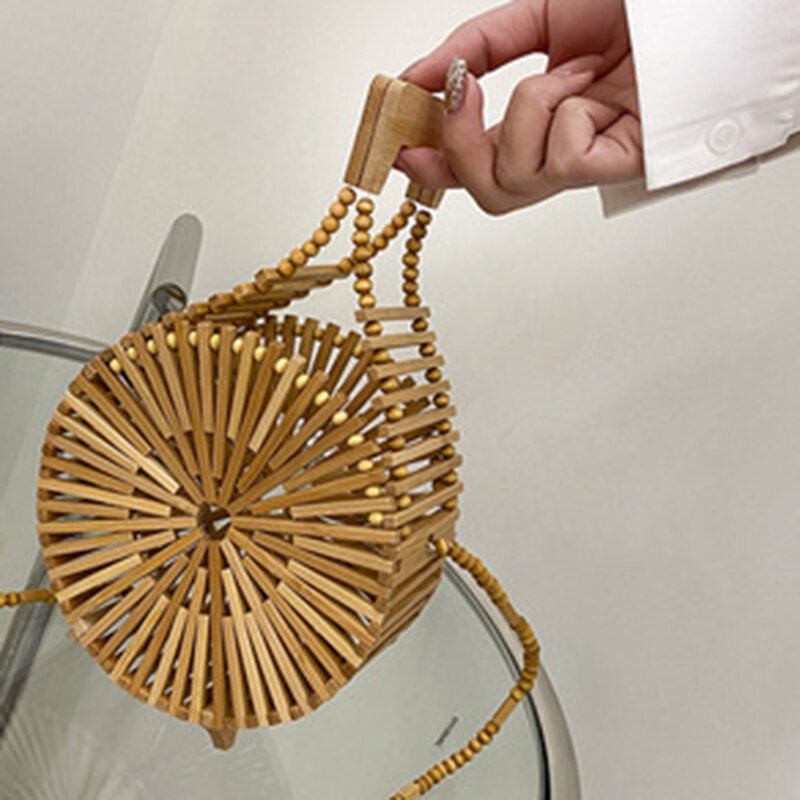 Women Vintage Fashion Bamboo Woven Shoulder Crossbody Bags Trendy Ethnic Style Small Cute Round Handbags