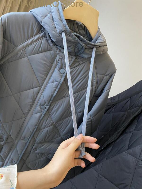 Parka de manga comprida solta com capuz feminino, roupa de algodão espessa, jaqueta midi, casaco quente, azul, fêmea, inverno, novo