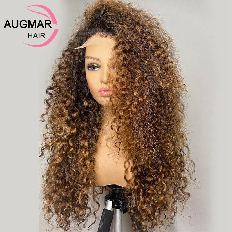 Peluca de cabello humano rizado con malla Frontal para mujer, postizo de densidad de 180, 13x4, degradado, rubio miel, transparente, 13x6, HD