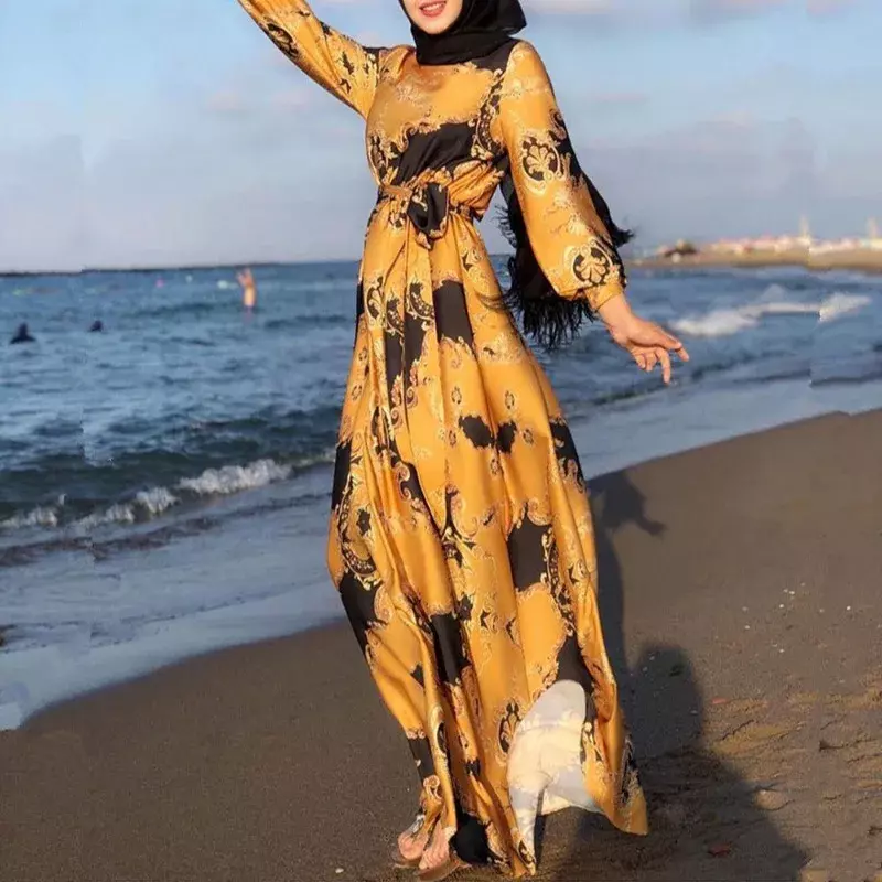 Elegant Jilbaab Kaftan Caftan Islamic Long Abaya Dress Fashion Muslim Women Print Long Sleeve Dress
