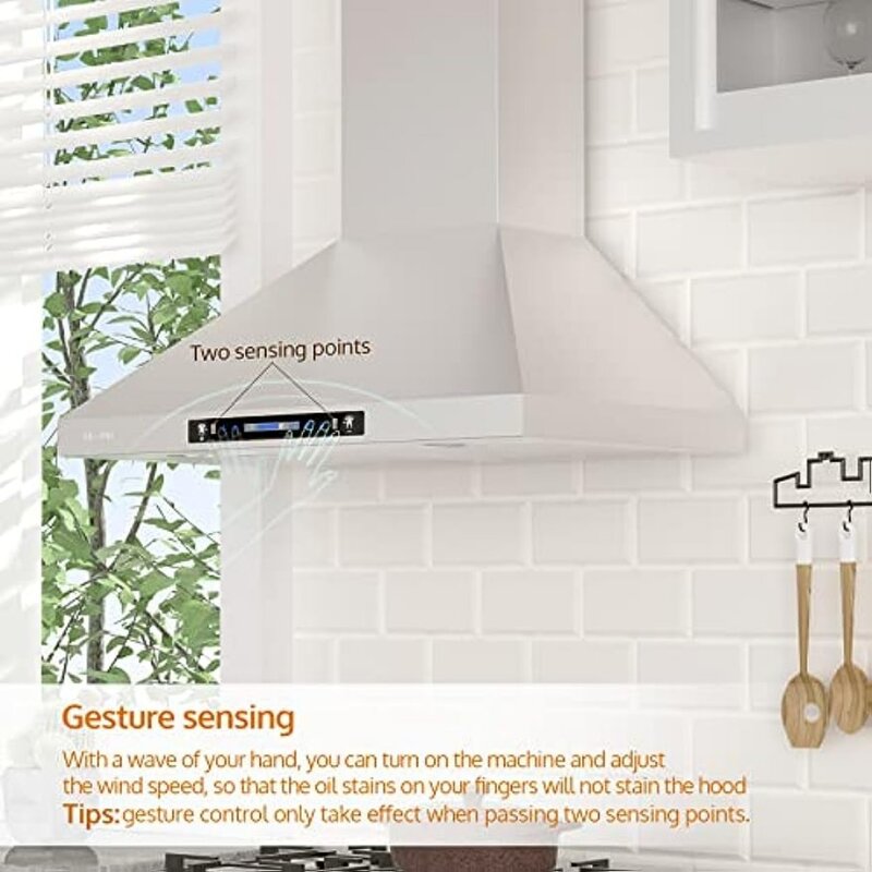 Stainless Steel Kitchen Vent Kit, duto conversível Ductless, 4 Speed Gesto Sensing e Touch Control Panel, 36"