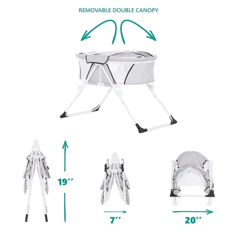 Dream on Me Karley Plus Baby Bassinet with Removable Double Canopy, Cool Grey, Easy and Quick Fold