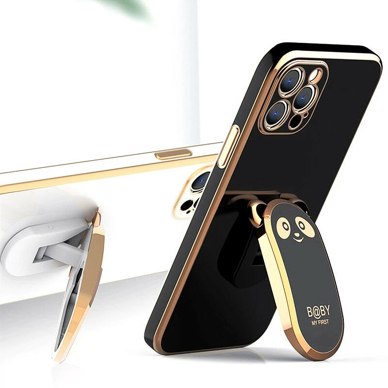 Luxury Square Plating Bear Fold Stand Holder Phone Case For iPhone 15 14 13 12 Mini 11 Pro XS Max X XR 6 6S 7 8 Plus SE2 Cover