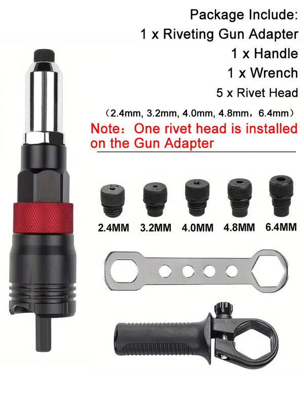 Adaptador elétrico profissional Rivet Nut Gun, Automatic Riveting Nail Gun, Cordless Riveting Tools com Wrench and Handle, 2.4-6.4mm