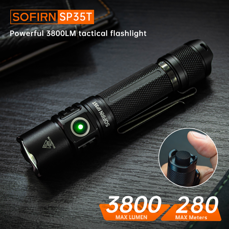 Sofirn SP35T senter taktis 21700, Senter LED kuat USB C dapat diisi ulang dengan indikator daya saklar ganda ATR
