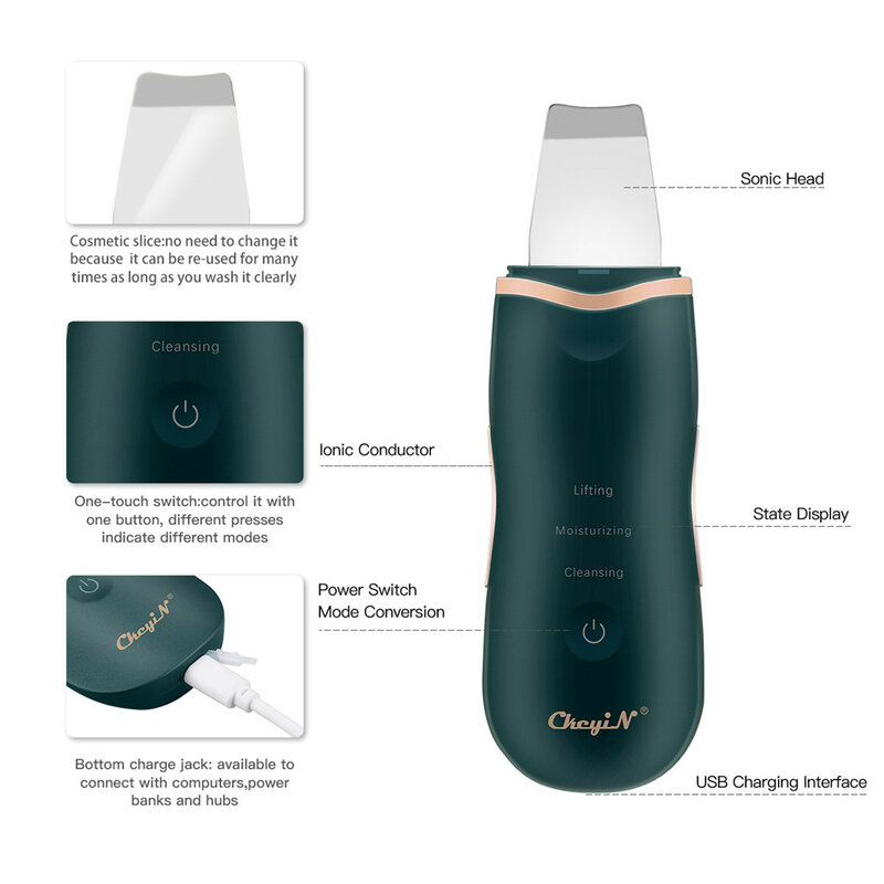 CkeyiN-Depurador ultrasónico de la piel, dispositivo de belleza para limpieza profunda de la cara, limpiador de poros, espátula Facial, masajeador de estiramiento y Peeling