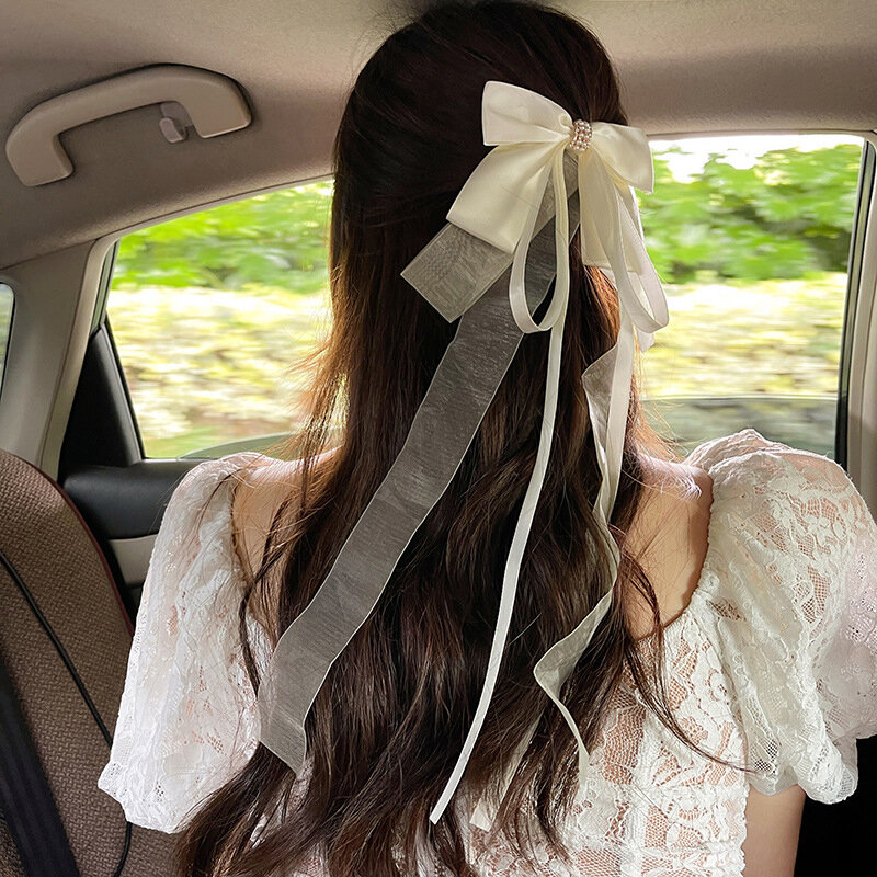 Grande grampo de cabelo bowknot para mulheres e meninas Lolita Long Ribbon Solid Hairpin, bonito rabo de cavalo, bandas de cabelo, acessórios de moda
