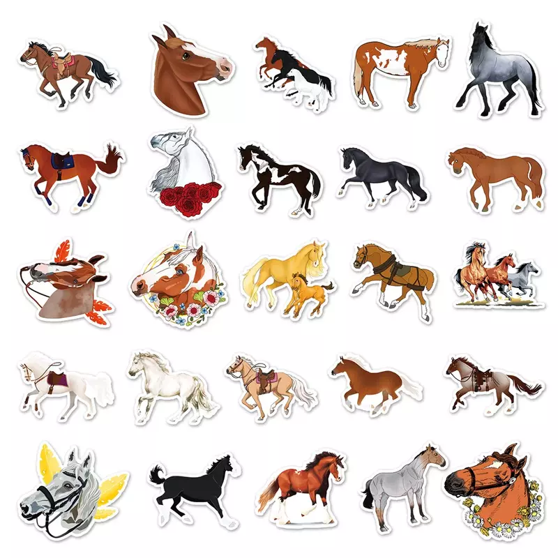 Corridas de cavalos dos desenhos animados adesivos para DIY, adesivo impermeável, brinquedos, bagagem, laptop, iPad, caixa do telefone, motocicleta, armário, atacado, 10 pcs, 30 pcs, 50pcs
