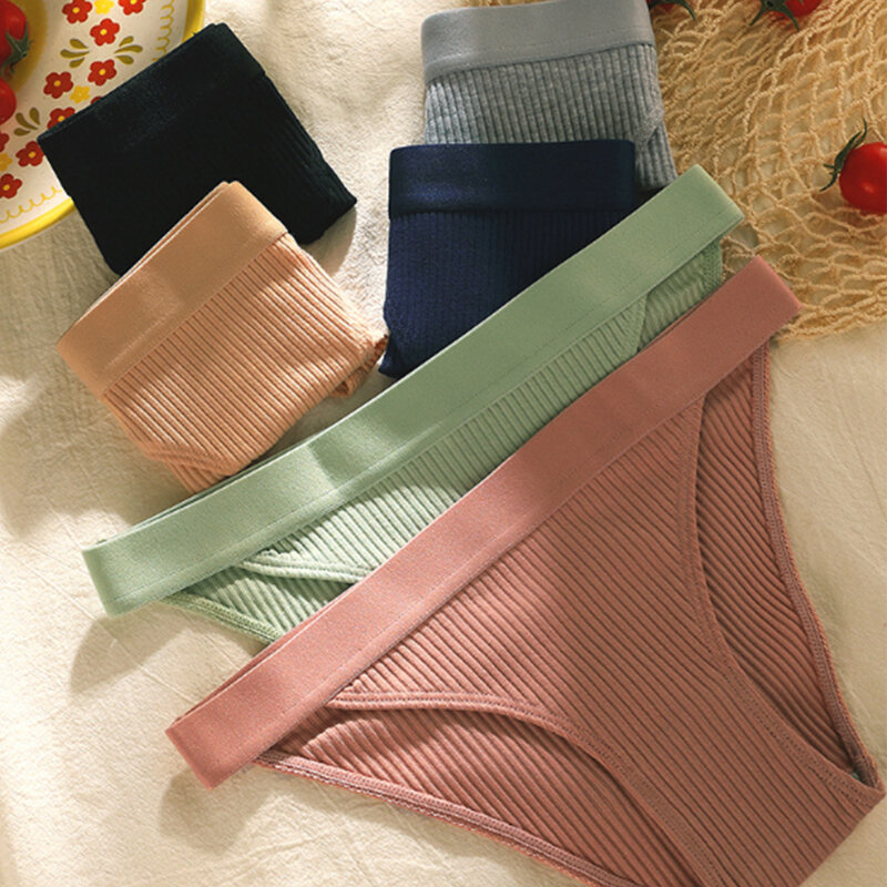 Women Cotton Briefs Lingerie High Cut Thongs Low Waist Short Underwear Thread Skin Friendly G-String Solid Elastic Panties