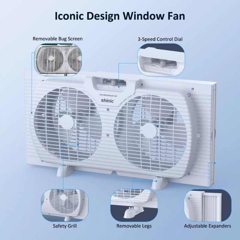 Ventilador de ventana doble de 9 "y 3 velocidades con pantalla anti-insectos extraíble, completamente ensamblado,(22" a 33-1/2 "), blanco