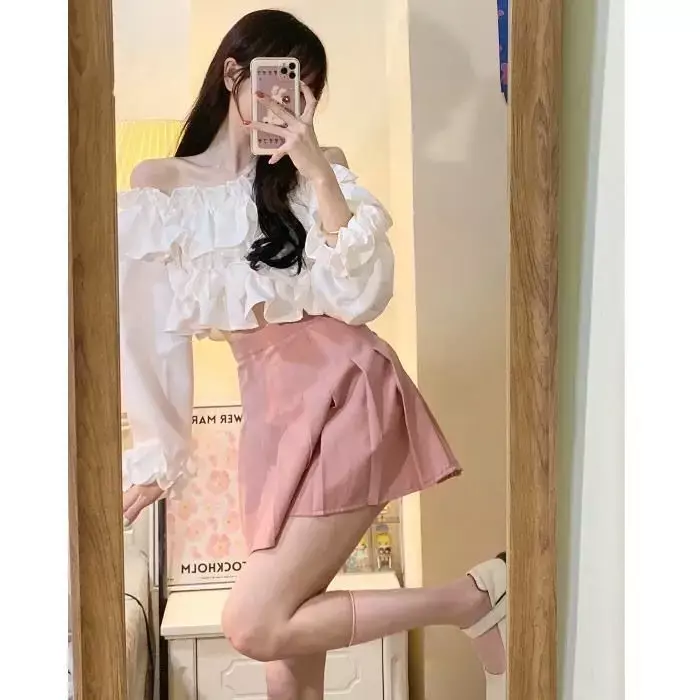 2023 Summer Sweet Spicy Short One Shoulder Shirt Women Bubble Sleeve Chiffon Shirt Pink Pleated Skirt Two-piece Set Y2K