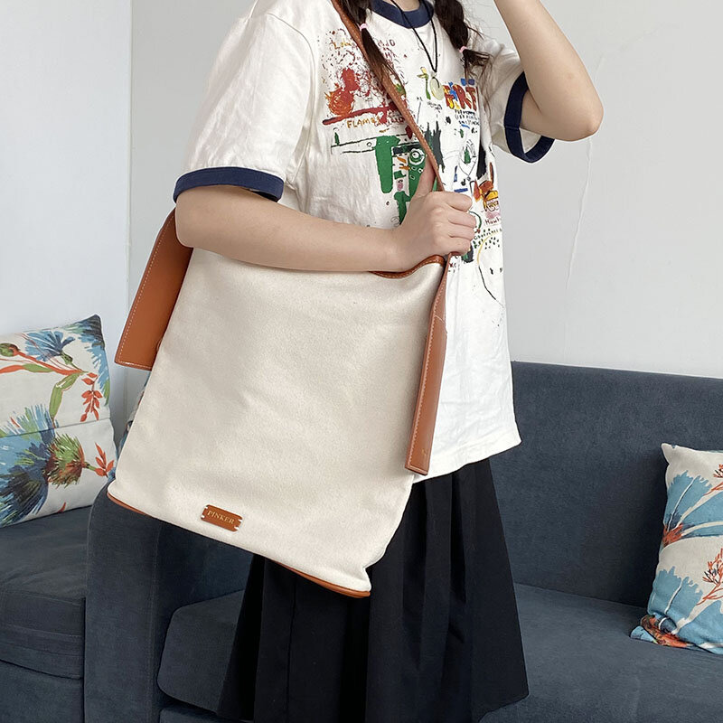 PINKER, z wysokiej klasy torbą z PU i płótna do zawieszania uszu, torbą na ramię o dużej pojemności w koreańskim stylu