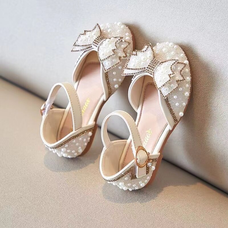 Sandales à talons plats avec nœud pour fille, chaussures de princesse avec perles et paillettes, mignon, taille 21 à 36, nouvelle collection 2024