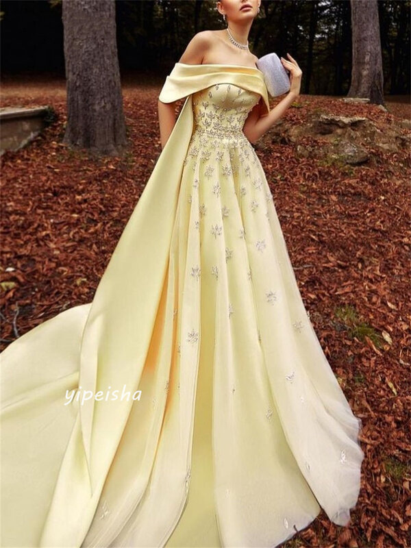 Jiayigong  Satin Sequined Ruched  A-line Off-the-shoulder Bespoke Occasion Gown Long Dresses Saudi Arabia Evening