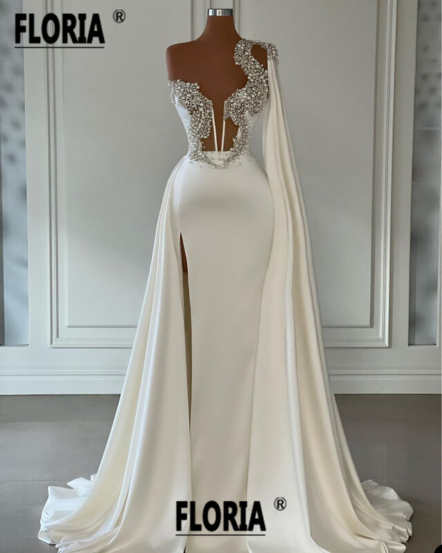 Custom Made Luxo Cristal Pérolas Vestido de Noiva com trem destacável Dubai Sheer frisada fenda cetim vestido de noiva Vestido De Novia