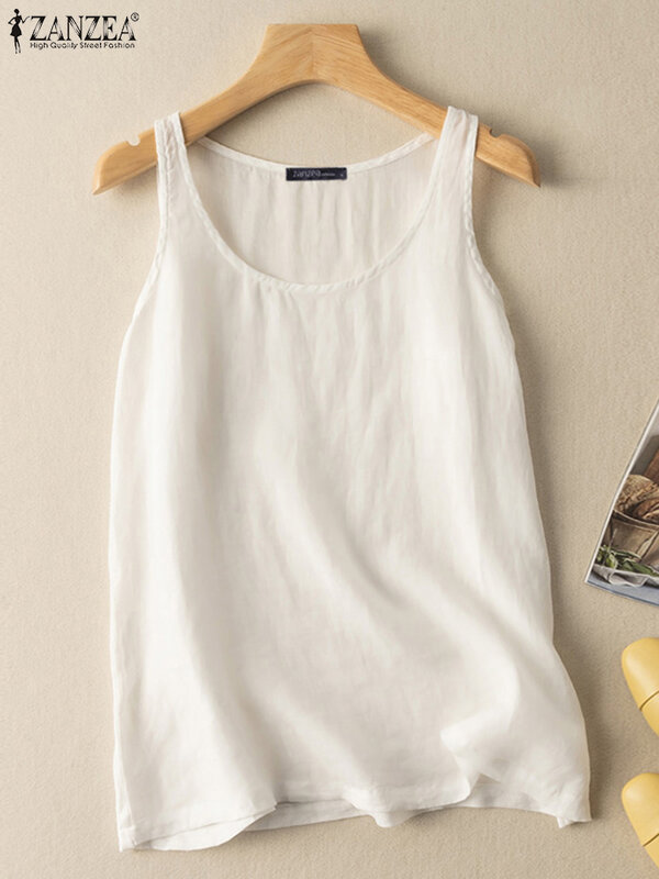 ZANZEA Sleeveless Everyday Blouse Shirts Vacation Summer Solid Color Cotton Tank Tops Casual Loose Cassic Women Leisure Tees