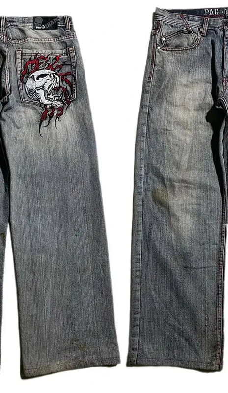 Czaszka haftowane workowate dżinsy jeansy Y2K męskie Hip Hop Retro spodnie dżinsowe nowy gotycki wysoki stan szerokie spodnie Streetwear męskie nowość