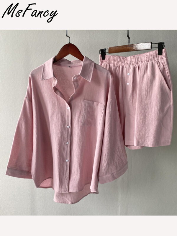Msfancy-Conjunto de dos piezas para Mujer, pantalones cortos de algodón 2022, camisa Vintage bohemia de gran tamaño, pantalones cortos sueltos de cintura alta