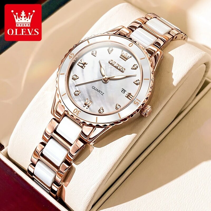 OLEVS-Montre à quartz étanche avec cadran Fritillaria pour femme, montres exquises avec calendrier, bracelet cadeau pour femme, marque de luxe supérieure et légère