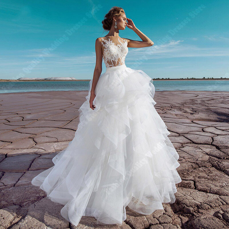 Luxus Schatz Brautkleider Tüll Applikationen Brautkleider moderne flauschige mehr schicht ige transparente Rock Saum Vestido de Novia