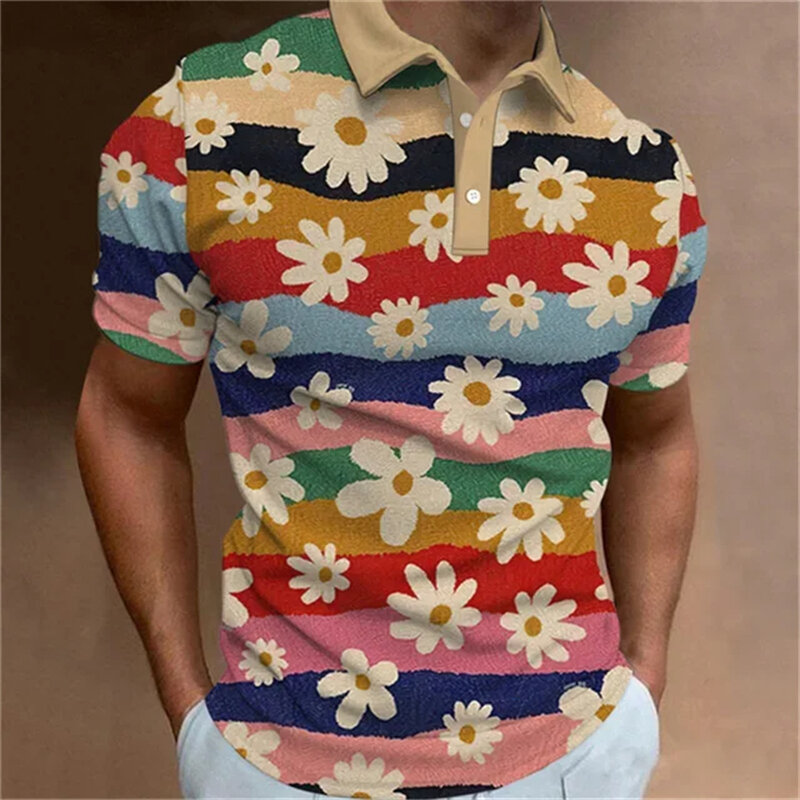 Pakaian Polo pria polos, kemeja motif bunga 3D lengan pendek dengan kerah Lapel, santai baru musim panas