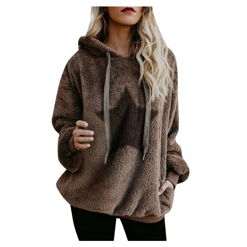 Bolso de pelúcia quente feminino com capuz, casaco solto, capuz rua, capuz veludo, pulôver estético Y2K, casacos outono
