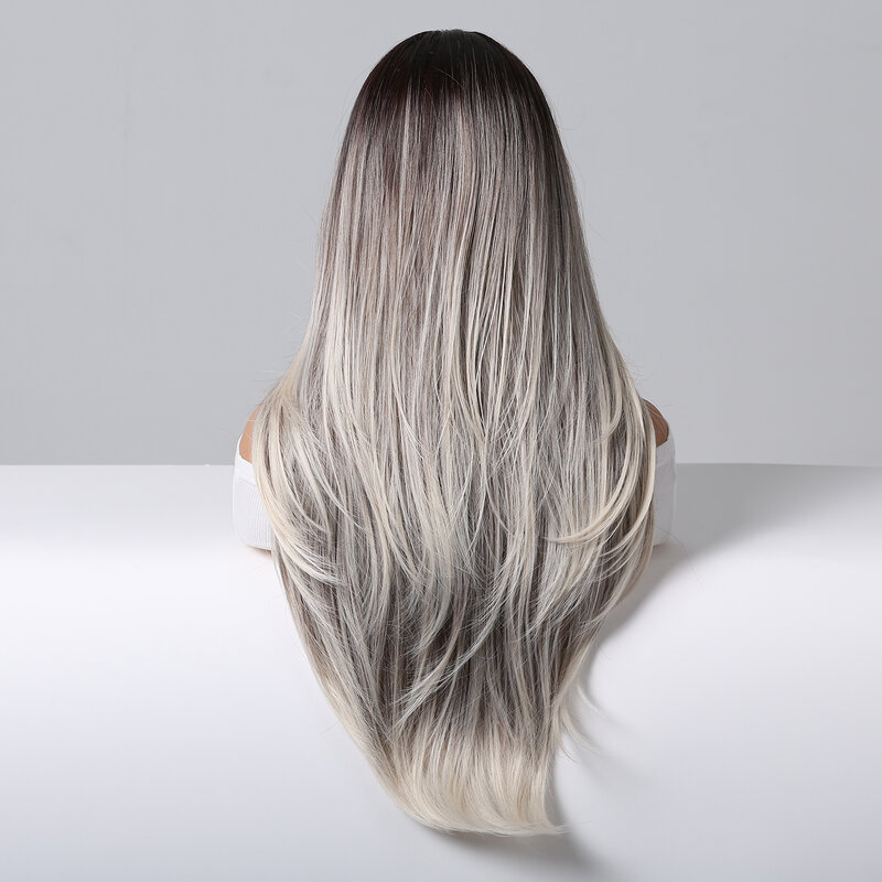LOUIS FERRE Ombre Dark Brown to Light Grey Długie proste włosy z grzywką Naturalna warstwowa srebrno-szara peruka dla kobiet Codzienny cosplay