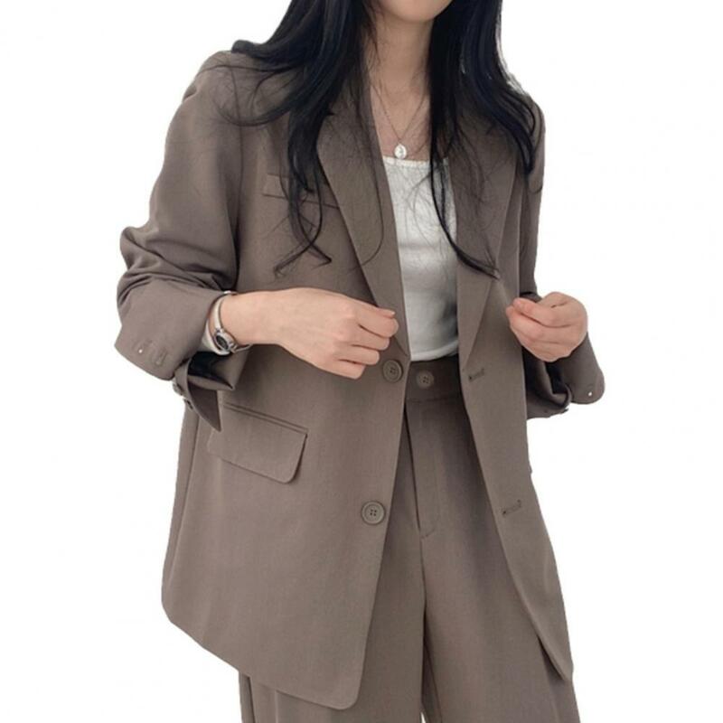 Solid Color Stylish Women's Spring Autumn Lapel with Flap Pockets Solid Color Loose Fit Casual Workwear Jacket for Office