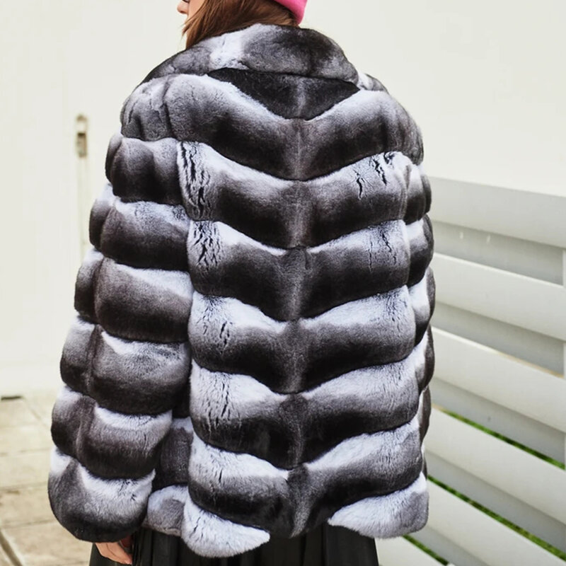 Women's Fur Coat Chinchilla Fur Real Rex Rabbit Fur Coat With Hood Luxury Brand Winter Woman fur Jacket