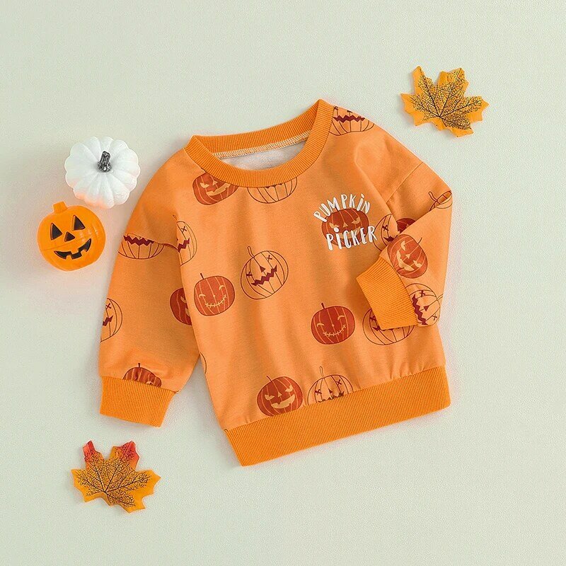 Sudaderas de Halloween para bebés y niñas, Jersey naranja de manga larga con letras y estampado de calabaza, Tops de cuello redondo