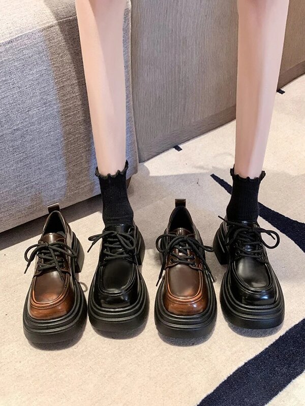Zapatos de estilo británico para mujer, zuecos de plataforma Oxfords con punta redonda, vestido cruzado de otoño e invierno, Creepers Preppy Le