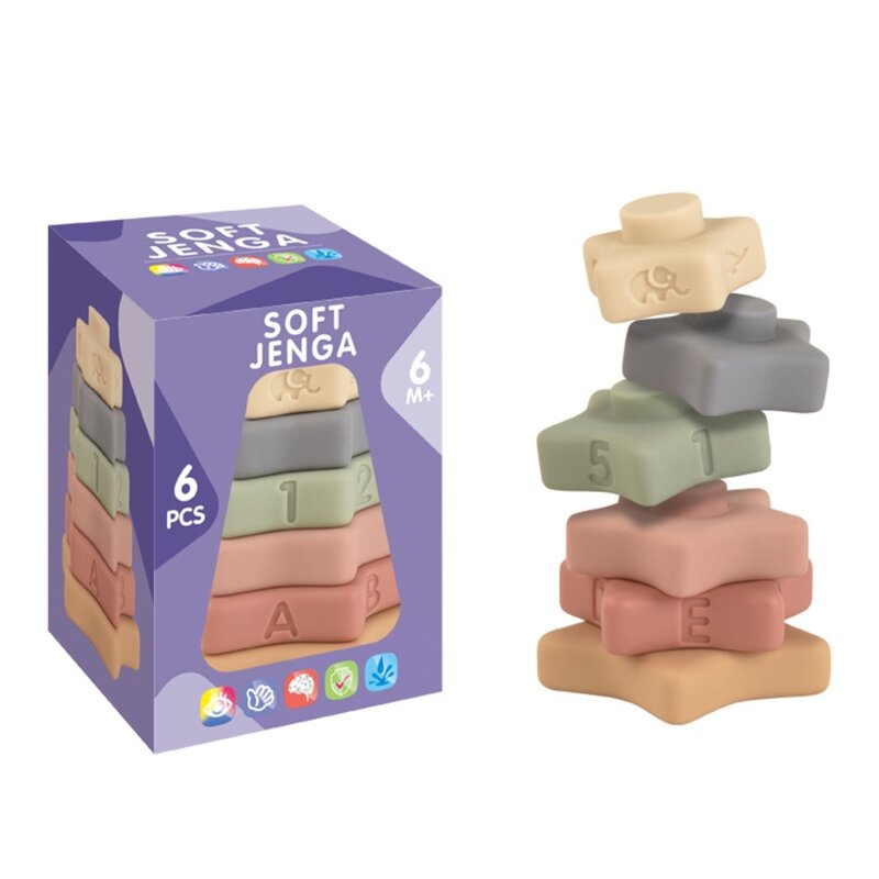 6 Lapisan Silikon Mainan Gigi Memasukkan Blok Susun Menara Bersarang Cincin Bayi 2 3 4 Montessori Squeeze Mainan Mandi Hadiah