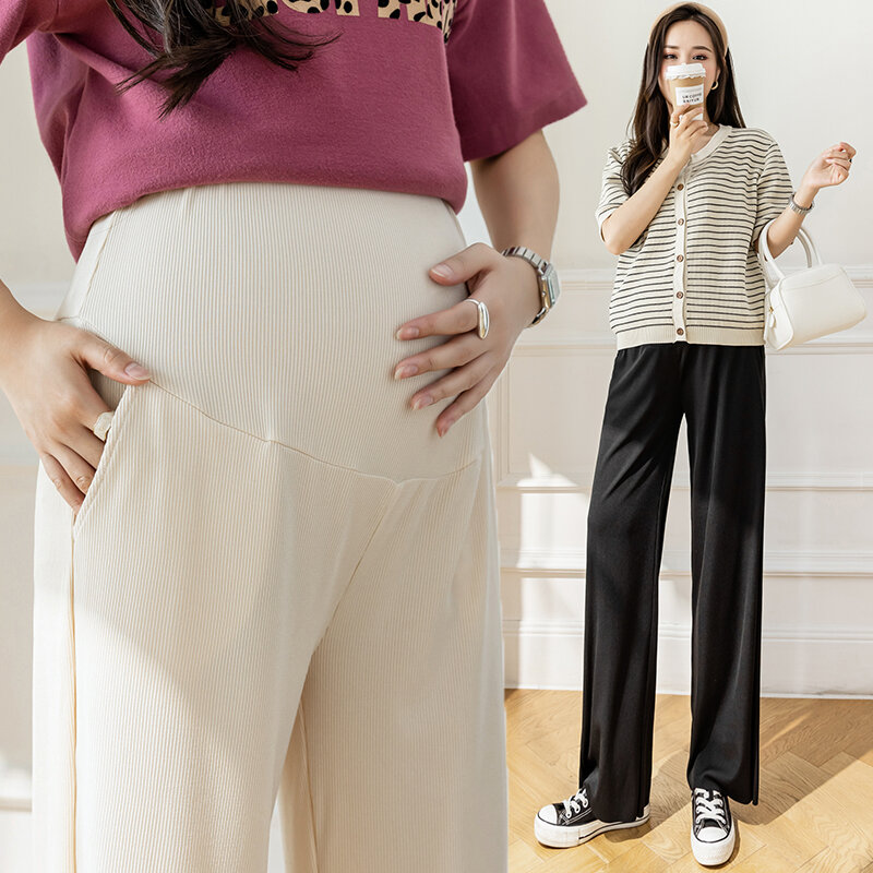 Calças grávidas de perna larga, calça reta para maternidade, cintura alta, roupas finas de barriga, moda verão