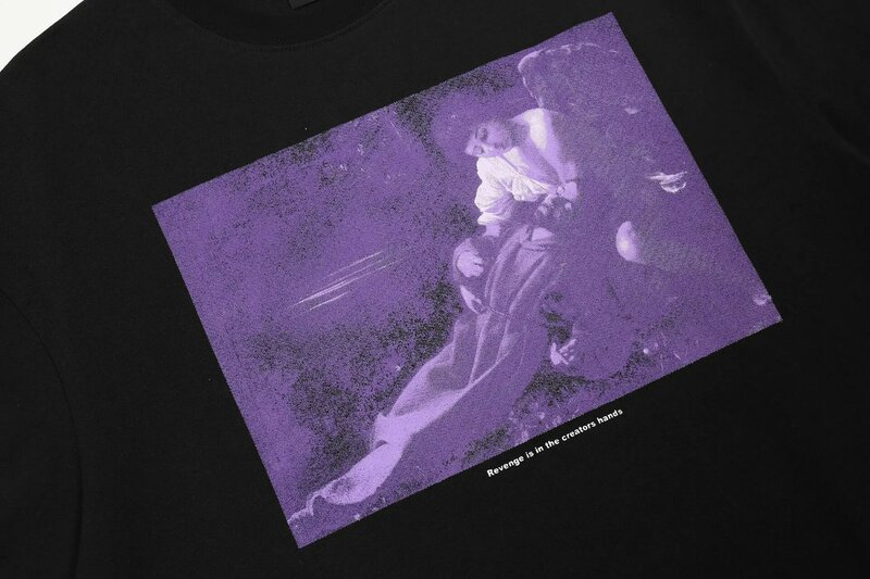 Kaus lengan pendek bermotif tulisan stroke dengan tulisan surga ungu bergaya jalanan tinggi untuk pria dan wanita