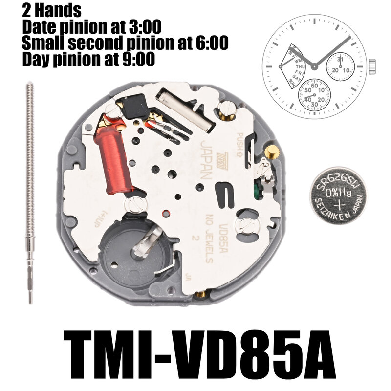 Часовой механизм VD85 Tmi VD85, часовой механизм на 2 руки, многоглазный механизм (день, дата, 24 часа, маленький сек), размер: 10 шт., высота: 3,45 мм