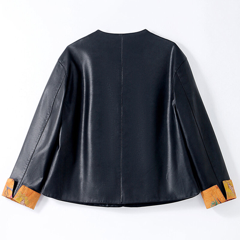 Nouvelle veste en cuir de style chinois pour femmes Printemps Automne Manteau court à col en O et à boutonnage unique avec motif patchwork à la mode Cuir fendu